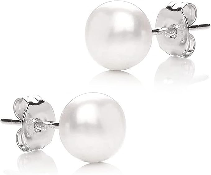 珍珠耳钉纯银 7 毫米,圆形 aaaa 白色淡水珍珠耳环耳钉 女士精美珠宝